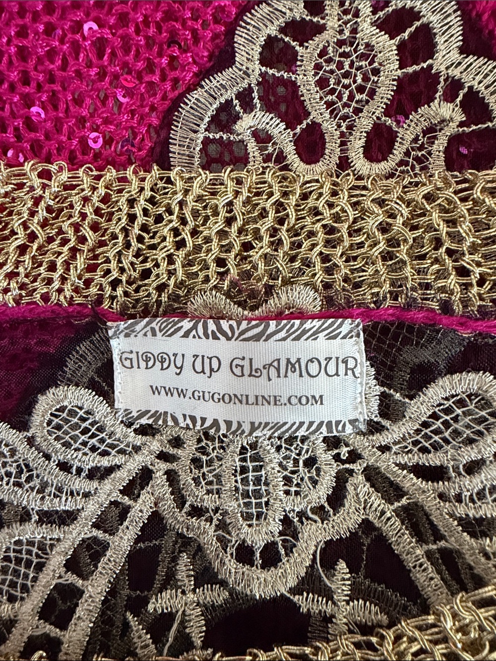 Giddy Up Glamour Lace & Sequined Top in Fuchsia and Gold Medium
